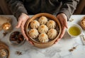 Dim Sum and Dates Served in a Bamboo Steamer Basket. Generative AI