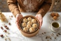 Dim Sum and Dates Served in a Bamboo Steamer Basket. Generative AI