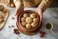 Dim Sum and Dates Served in a Bamboo Steamer Basket. Generative AI