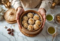 Dim Sum and Dates Served in a Bamboo Steamer Basket. Generative AI