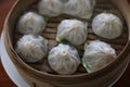 Dim sum dumpling on bamboo basket , Chinese food Royalty Free Stock Photo