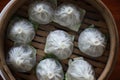 Dim sum dumpling on bamboo basket , Chinese food Royalty Free Stock Photo