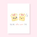 Dim sum - greeting card. Cute illustration with shu mai dumplings in kawaii style. Vector kawaii art