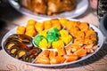 Dim sum in plate. Assorted dim sum appetizers on table background. Set of Chinese food for share Royalty Free Stock Photo