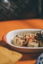 Dim sum - steamed minced pork dumplings with soy sauce and garlic,khanom jip ,Chinese snacks.Thai people Royalty Free Stock Photo