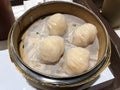 Dim Sum Steamed Shrimp Dumplings (Har Gow) in bamboo steamer. Yumcha, Cantonese food style. Chinese cuisine. Royalty Free Stock Photo