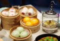 Dim sum, traditional Chinese dumpling in bamboo steamer, pig and animal theme for kids. Street food for children in China, Hong Royalty Free Stock Photo