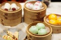 Dim sum, traditional Chinese dumpling in bamboo steamer, pig and animal theme for kids. Street food for children in China, Hong Royalty Free Stock Photo