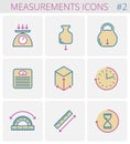Dimensions and measurements line symbols. Vector thin outline icon set.