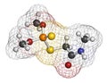 Dimethoate insecticide molecule. 3D rendering. Atoms are represented as spheres with conventional color coding: hydrogen white,.