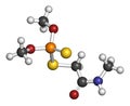 Dimethoate insecticide molecule. 3D rendering. Atoms are represented as spheres with conventional color coding: hydrogen white,.