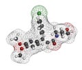 Dimethomorph fungicide molecule. 3D rendering. Atoms are represented as spheres with conventional color coding: hydrogen (white),