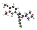 Dimethomorph fungicide molecule. 3D rendering. Atoms are represented as spheres with conventional color coding: hydrogen (white),