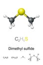 Dimethyl sulfide, DMS, chemical formula and molecule model