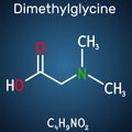 Dimethylglycine, DMG, molecule. It is derivative of the amino acid glycine. Structural chemical formula on the dark blue