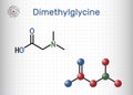 Dimethylglycine, DMG, molecule. It is derivative of the amino acid glycine. Structural chemical formula and molecule