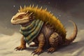 A Dimetrodon wearing a furry scarf. AI generation