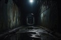 A dimly lit alley casts an eerie ambiance, showcasing water puddles that reflect the darkness., Old urban underground tunnel, Royalty Free Stock Photo