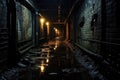 A dimly lit alleyway with a reflective puddle of water on the ground., Old urban underground tunnel, abandoned dark scary passage Royalty Free Stock Photo