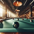 Dark pool hall with balls played on beize surface