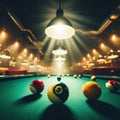 Dark pool hall with balls played on beize surface Royalty Free Stock Photo