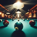 Dark pool hall with balls played on beize surface