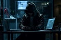 Ai Generative Hooded hacker stealing information from a computer. Dark background