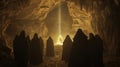 In a dimly lit cave a group of cloaked figures bow towards a glowing crystal backs turned away from the camera. The