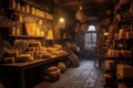 dimly lit cheese cellar with cobwebs and vintage ambiance