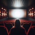 Dark cinema with audience waiting in anticipation, with black white screen