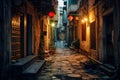 Dimly-lit City narrow alley night. Generate Ai Royalty Free Stock Photo