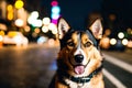 A close up of a dog on a city street at night.