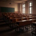 A dimly lit classroom features rows of wooden desks and chairs arranged neatly on platforms.
