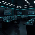 Dimly lit control room features multiple high-resolution screens displaying complex
