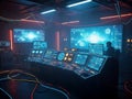 Dimly Lit Control Room with Multiple Screens Displaying Complex Data and Glowing Cables image photo Royalty Free Stock Photo