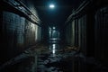 A dimly lit corridor with a pool of water on the floor leading into the shadows., Old urban underground tunnel, abandoned dark Royalty Free Stock Photo