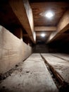 Dimly lit crawlspace with wooden beams and floorboards. Royalty Free Stock Photo