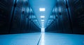 Long corridor of modern server racks in a data center with bright blue lighting and clean flooring Royalty Free Stock Photo