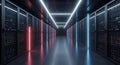 Dimly lit data center corridor with rows of black server racks on either side,