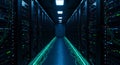 Dimly lit data center corridor with server racks lining both sides. Each rack houses