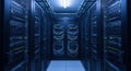 Dimly lit data center with network cables in server rack cabinets displaying advanced technology infrastructure Royalty Free Stock Photo