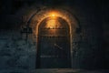 A dimly-lit doorway leads towards a distant bright light in an otherwise dark space, Sealed crypt doors with ghostly light seeping