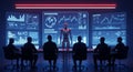 Futuristic Robot Oversees Data Analysis Meeting with Silhouetted Figures in a High- Tech Command Center Royalty Free Stock Photo
