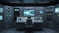 Futuristic control room with multiple screens and consoles Royalty Free Stock Photo