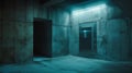 Dimly lit, gritty concrete corridor with an elevator on the right, highlighted by a horizontal blue light above the door Royalty Free Stock Photo