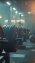 Darkened gym with weights on the floor, illuminated by soft scattered lights during evening workout Royalty Free Stock Photo