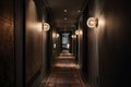 a dimly lit hallway with creative lighting, featuring a mix of warm and cool tones