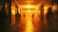 A dimly lit hallway with ghostly figures and yellow light Royalty Free Stock Photo