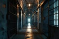 A dimly lit hallway in an old jail cell block. Perfect for adding an eerie atmosphere to any project Royalty Free Stock Photo