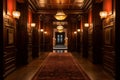 A dimly lit hallway with ornate doors, reminiscent of the iconic mansion. Generative AI
